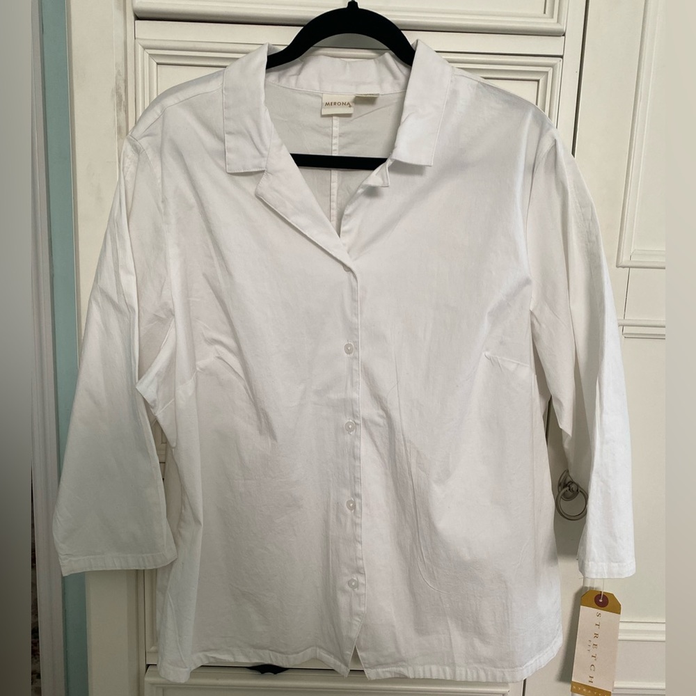 Merona NWT Women’s Blouse V Neck Solid White Button Down 3/4 Sleeve Size 20W